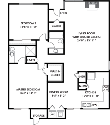 Floor plan for 2 beds, 2 baths, 1245 sqft